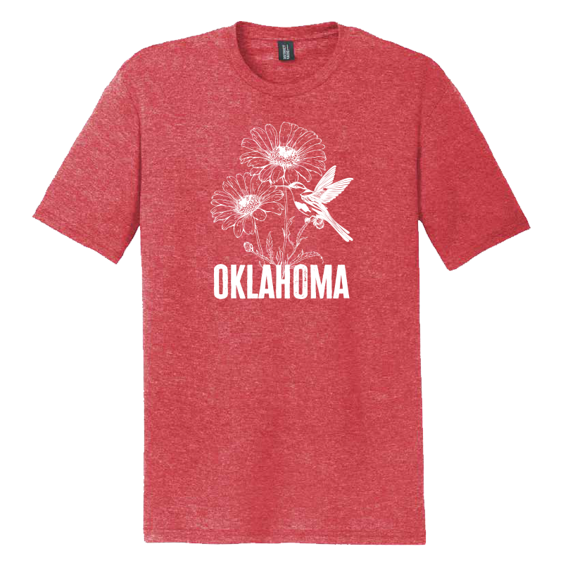 Heather red-colored t-shirt. Graphic design: blanket flower with scissor-tailed flycatcher and "Oklahoma" in text.