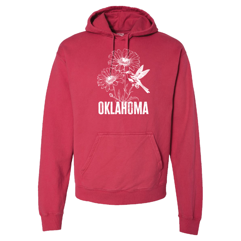 Red-colored hoodie. Graphic design: blanket flower with scissor-tailed flycatcher and "Oklahoma" in text.