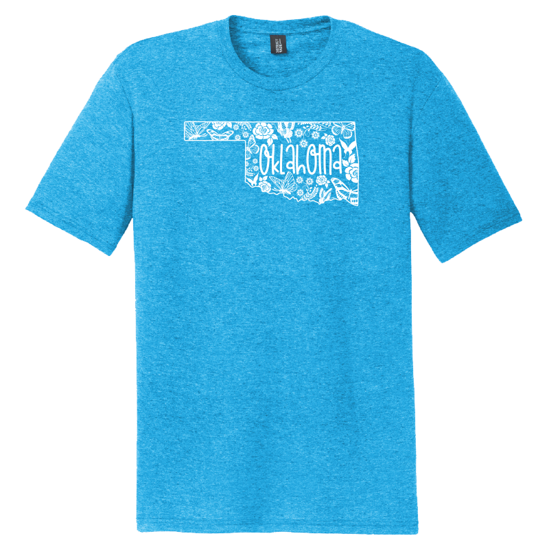 Heather bright turquoise-colored t-shirt. Graphic design: various butterflies and flowers making the outline of the state of Oklahoma. Inset text displays the state name.