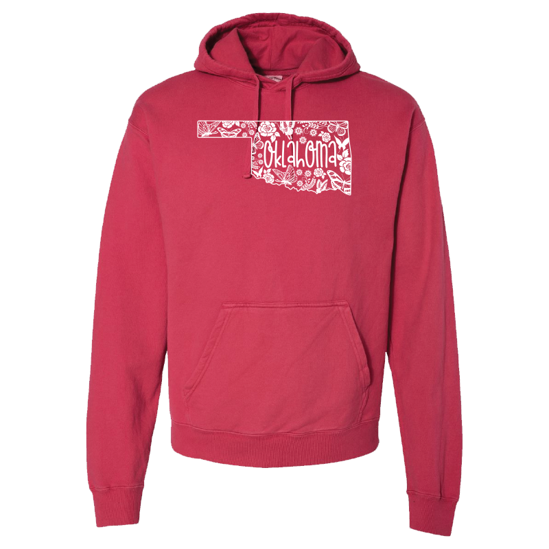 Crimson Fall-colored hoodie. Graphic design: various butterflies and flowers making the outline of the state of Oklahoma. Inset text displays the state name.