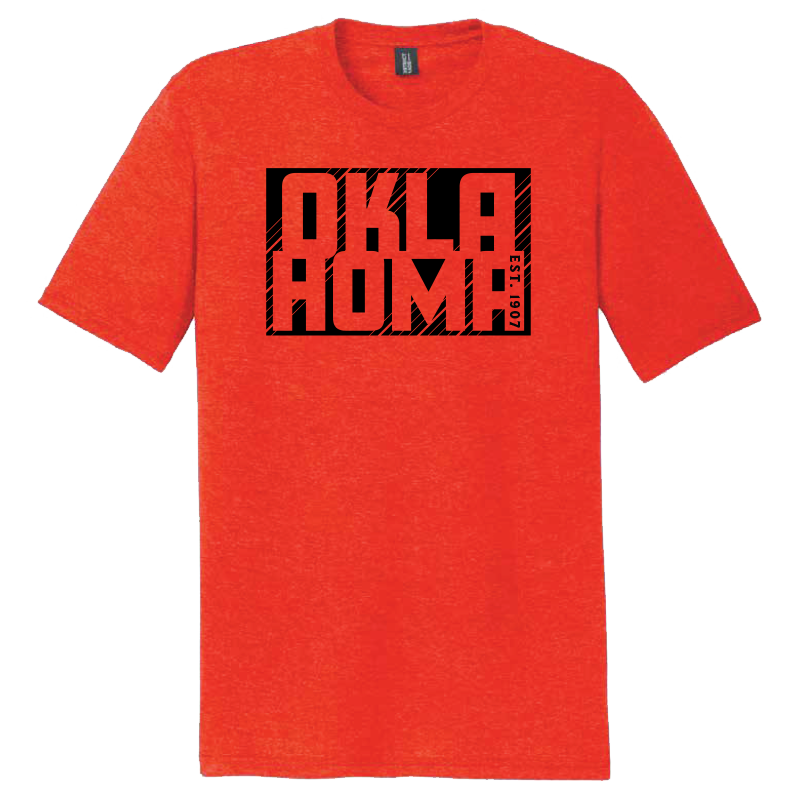 Orange-colored t-shirt. Graphic design: "Oklahoma Est. 1907."