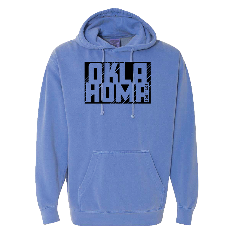 Salt water-colored hoodie. Graphic design: "Oklahoma Est. 1907."