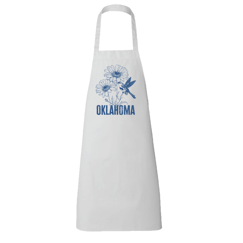 White apron featuring a blue graphic of a blanket flower and scissor-tailed flycatcher.