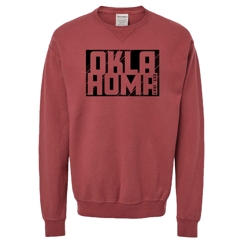 Cayenne-colored sweatshirt. Graphic design: "Oklahoma Est. 1907."